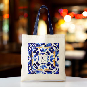 Bolsa Tote Monograma Amalfi - azulejos italianos azuis