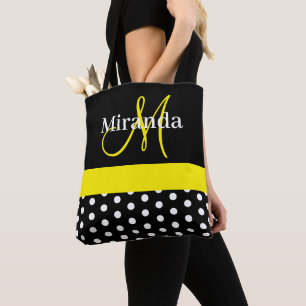 Bolsa Tote Monograma Amarelo Preto com Bolinhas Brancas