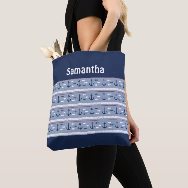 Bolsa Tote Monograma Âncoras Azul Marinho Branco V (Close Up)