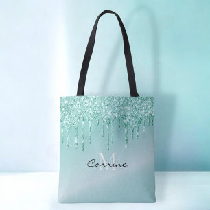Bolsa Tote Monograma Azul Aqua Brilho Metálico Nome