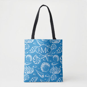 Bolsa Tote Monograma azul do teste padrão   da praia