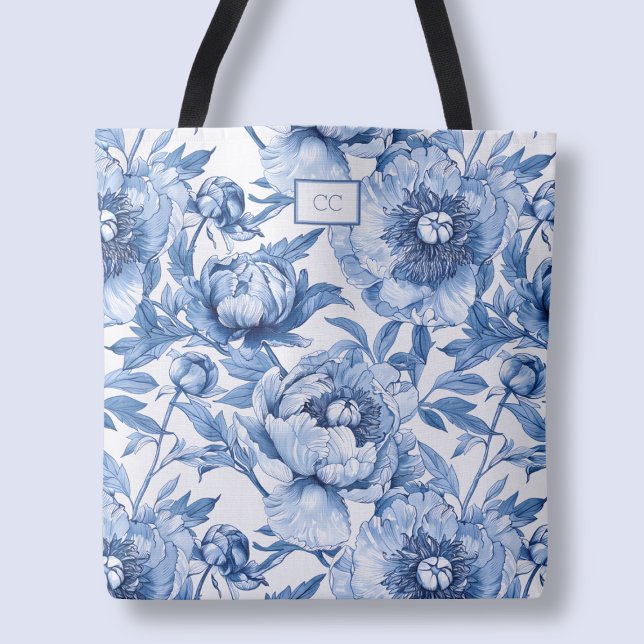 Bolsa Tote Monograma Azul Floral Flores de Damas de Honra Com (Monogram Blue Floral Bridesmaid Flower Shopping Tote Bag)