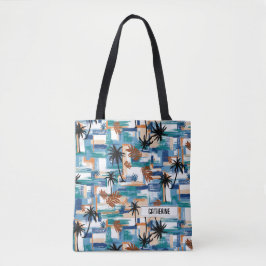 Bolsa Tote Monograma Azul Padrão Controlado Tropical Moderno