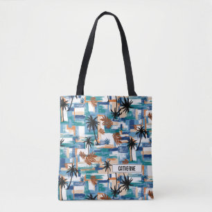 Bolsa Tote Monograma Azul Padrão Controlado Tropical Moderno