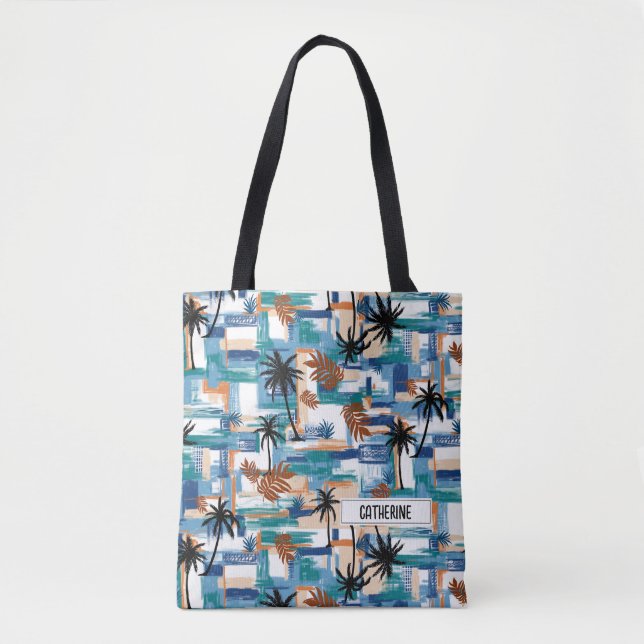 Bolsa Tote Monograma Azul Padrão Controlado Tropical Moderno (Frente)