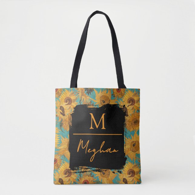 Bolsa Tote Monograma Azul Teal de Girassóis de Van Gogh  (Frente)