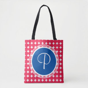 Bolsa Tote Monograma azul & vermelho das bolinhas