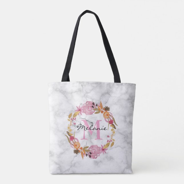 Bolsa Tote Monograma bonito cor-de-rosa de exaustão floral (Verso)