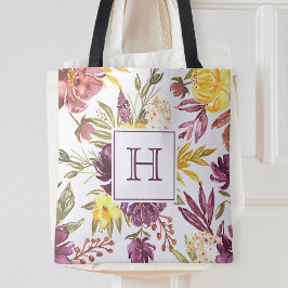 Bolsa Tote Monograma Bonito Floral Marrom Roxo Aquarela