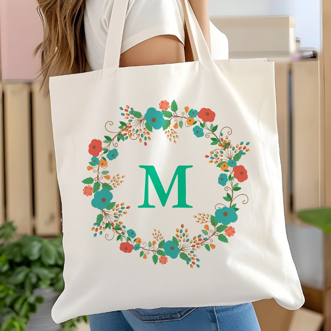 Bolsa Tote Monograma bonito Floral Wreath (Criador carregado)