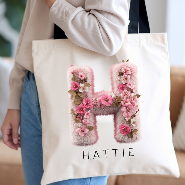 Bolsa Tote Monograma Botânico de Solteira Nome Personalizado (Cottagecore Flower Initial Bridesmaid Gift | Vintage Wildflower Alphabet Teacher Appreciation Bag)