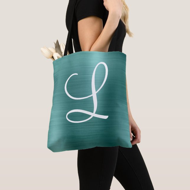 Bolsa Tote Monograma branco de metal escovado com chic teal (Close Up)