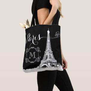 Bolsa Tote Monograma Branco preto de Torre Eiffel em Paris