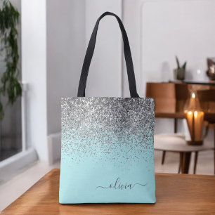 Bolsa Tote Monograma Brilhante Feminina em Azul Água Prateado