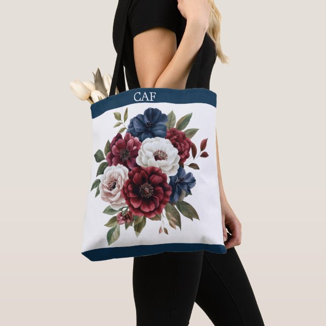 Bolsa Tote Monograma Burgundy Marinho Azul Buquê Floral Branc (Close Up)