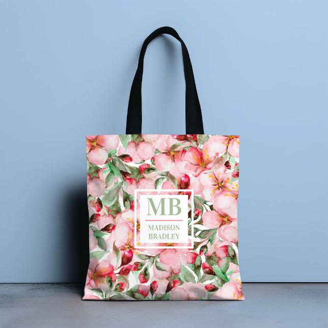 Bolsa Tote Monograma Cherry Blossom Watercolor Floral (Criador carregado)