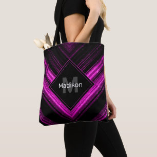 Bolsa Tote Monograma Chevron preto rosa quente metálico brilh
