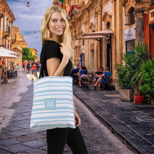 Bolsa Tote Monograma Chic Azul Claro e Branco Strike