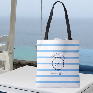 Bolsa Tote Monograma Chic Blue e White Striped Beach Life