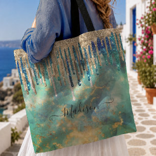 Bolsa Tote Monograma chic com pingos de brilho azul turquesa