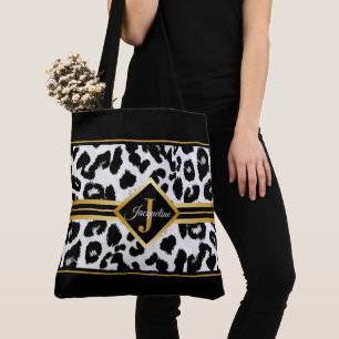 Bolsa Tote Monograma Chic em Impressão Animal Preto e Faux D