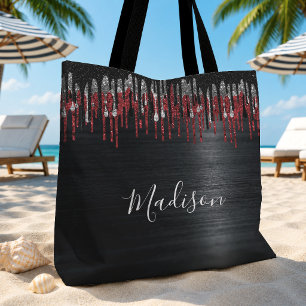 Bolsa Tote Monograma chique com brilho prateado preto e verme