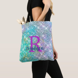 Bolsa Tote Monograma cintilante azul-azul-unicórnio, iridesce