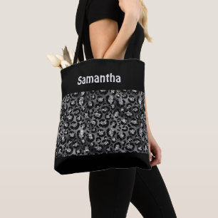 Bolsa Tote Monograma Cinza Prata Preto Estampa de Leopardo Gu