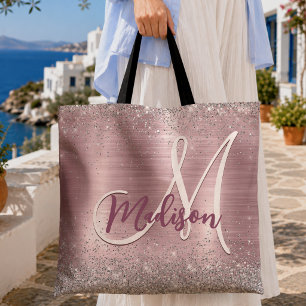Bolsa Tote Monograma cinzento de cintilação prateada com rosa