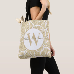 Bolsa Tote Monograma Círculo Branco Dourado Glitter Abstrato