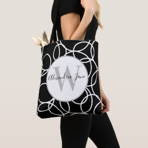 Bolsa Tote Monograma Círculos Brancos Abstrato preto moderno