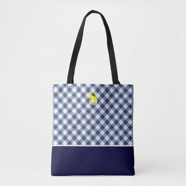 Bolsa Tote Monograma Clássico de Gingham Azul (Frente)