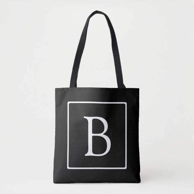 Bolsa Tote Monograma clássico simples | Preto com texto branc (Frente)