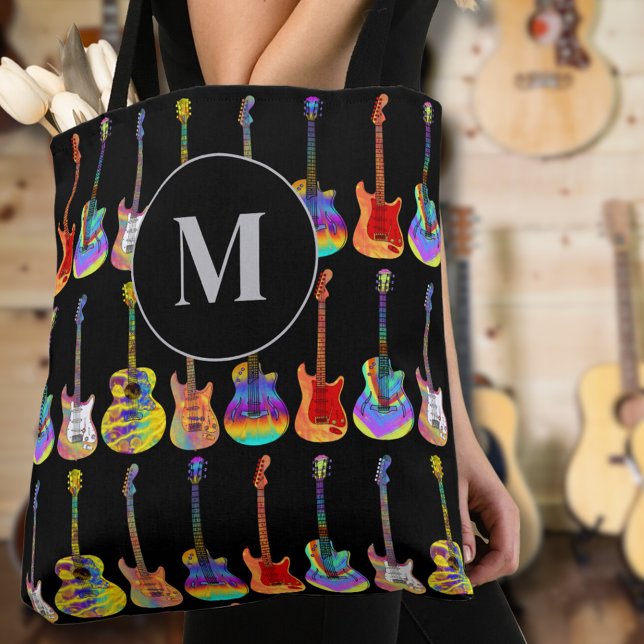 Bolsa Tote Monograma Colorido de Guitarra (guitar monogram custom tote bag psychedelic guitars on black for guitarists musicians music teachers)