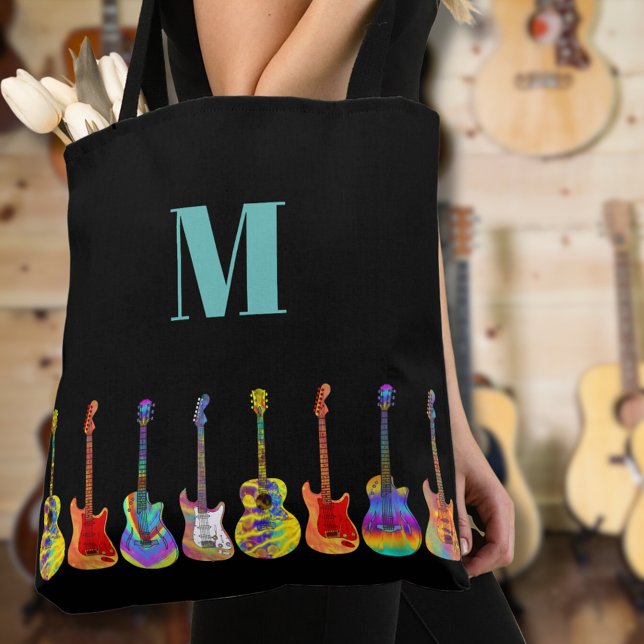 Bolsa Tote Monograma Colorido de Violão (Colorful guitar monogram custom tote bag for guitarists musicians music teachers )