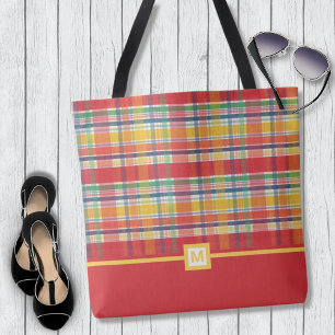 Bolsa Tote Monograma Colorido de Xadrezes Vermelhas Madras