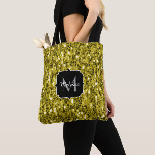 Bolsa Tote Monograma com brilho falso amarelo dourado escuro