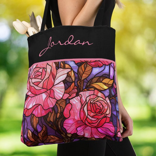 Bolsa Tote Monograma com Estilo de Vitral de Jardim de Rosa R (Criador carregado)