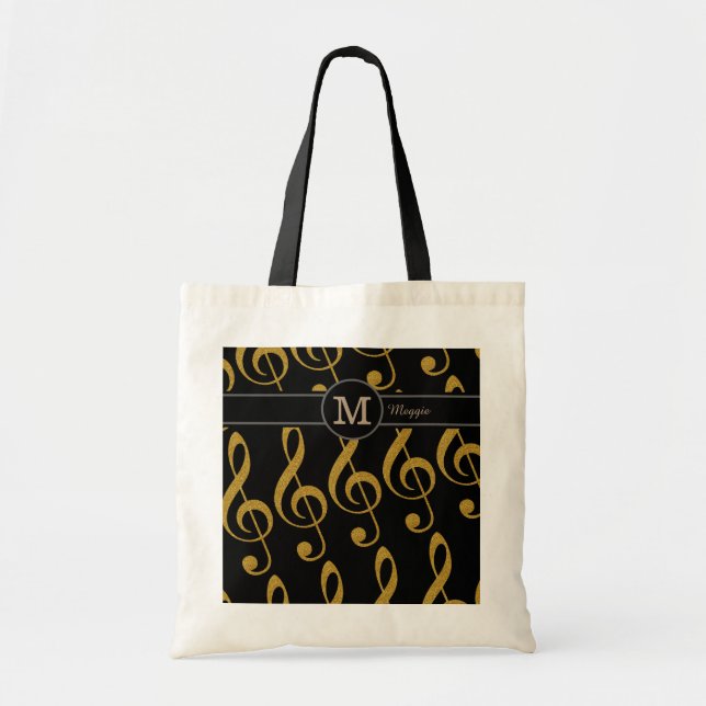Bolsa Tote monograma com notas musicais de ouro (Frente)