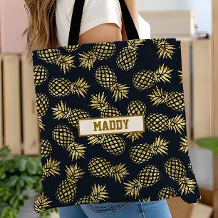 Bolsa Tote Monograma com padrão de abacaxi em azul marinho e 