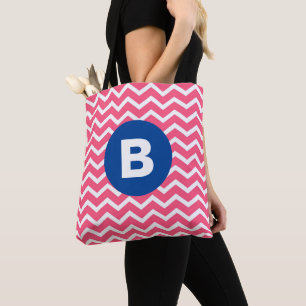 Bolsa Tote Monograma com Padrão de Chevron Branco e Rosa Vibr