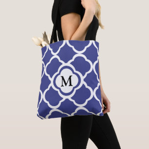 Bolsa Tote Monograma Com Padrão De Quatrefoil Floral Real Azu