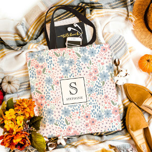 Bolsa Tote Monograma com padrão floral caprichoso rosa e azul