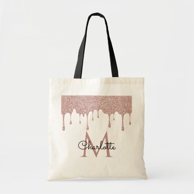 Bolsa Tote Monograma com Pingentes de Brilho Rosa Script Eleg (Frente)