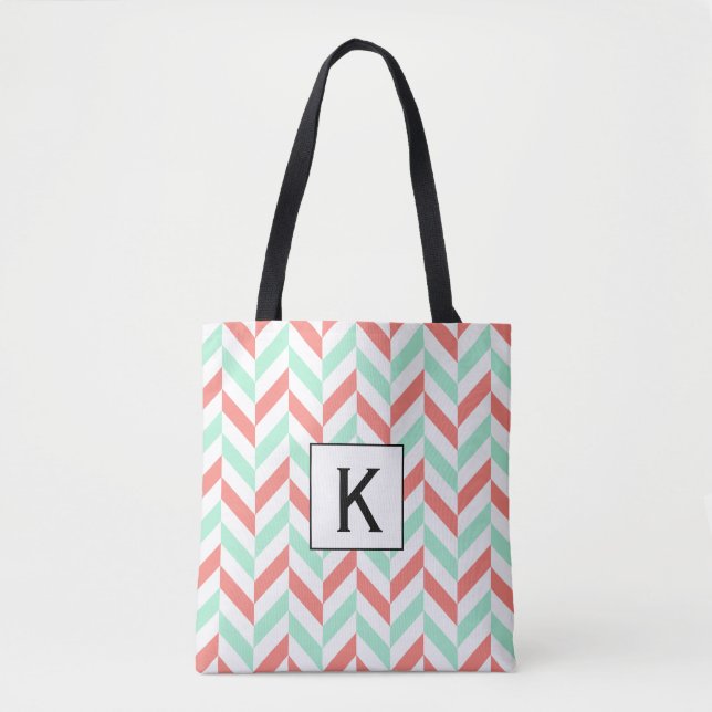 Bolsa Tote Monograma, cor-de-coral, e Mint Green Herringbone (Frente)