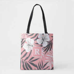 Bolsa Tote Monograma cor-de-rosa-hibísco tropical personaliza