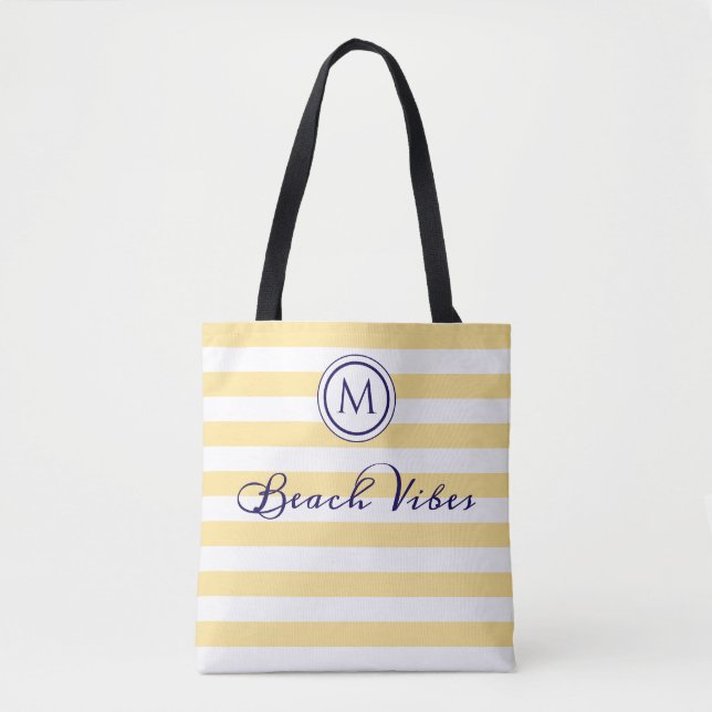 Bolsa Tote Monograma Costeiro com Listras Amarelas e Brancas  (Frente)