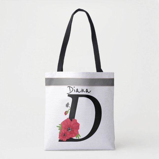 Bolsa Tote Monograma D, letra D, flores, monograma, monograma (Frente)