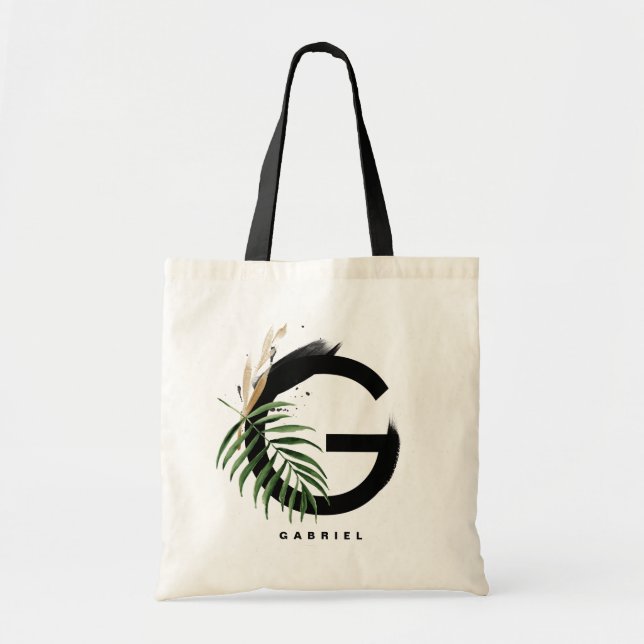 Bolsa Tote Monograma da Letra G | Personalizado Folhas Tropic (Frente)