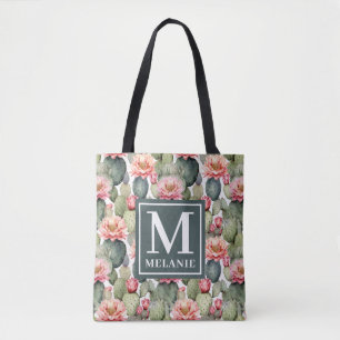 Bolsa Tote Monograma das flores cor-de-rosa com padrão Cactus